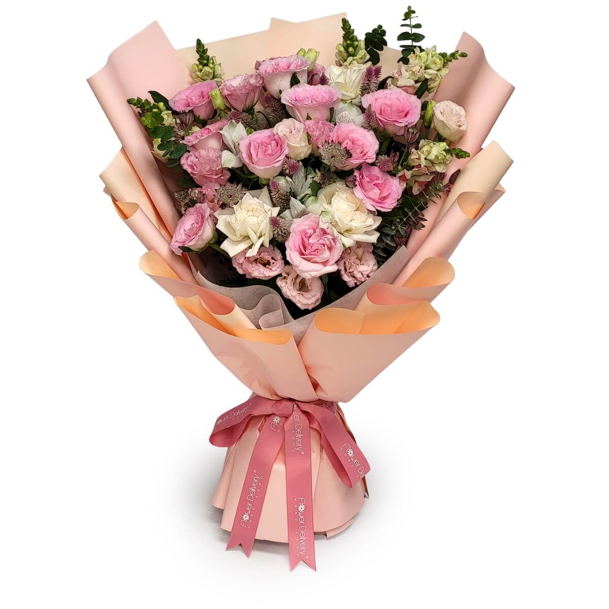 ChatGPT said:
💐 Soft pink and ivory roses with delicate blooms, wrapped in peach for a sweet and graceful presentation.
💐 淡粉與米白玫瑰配以細緻花卉,桃色包裝營造甜美高雅的氛圍。