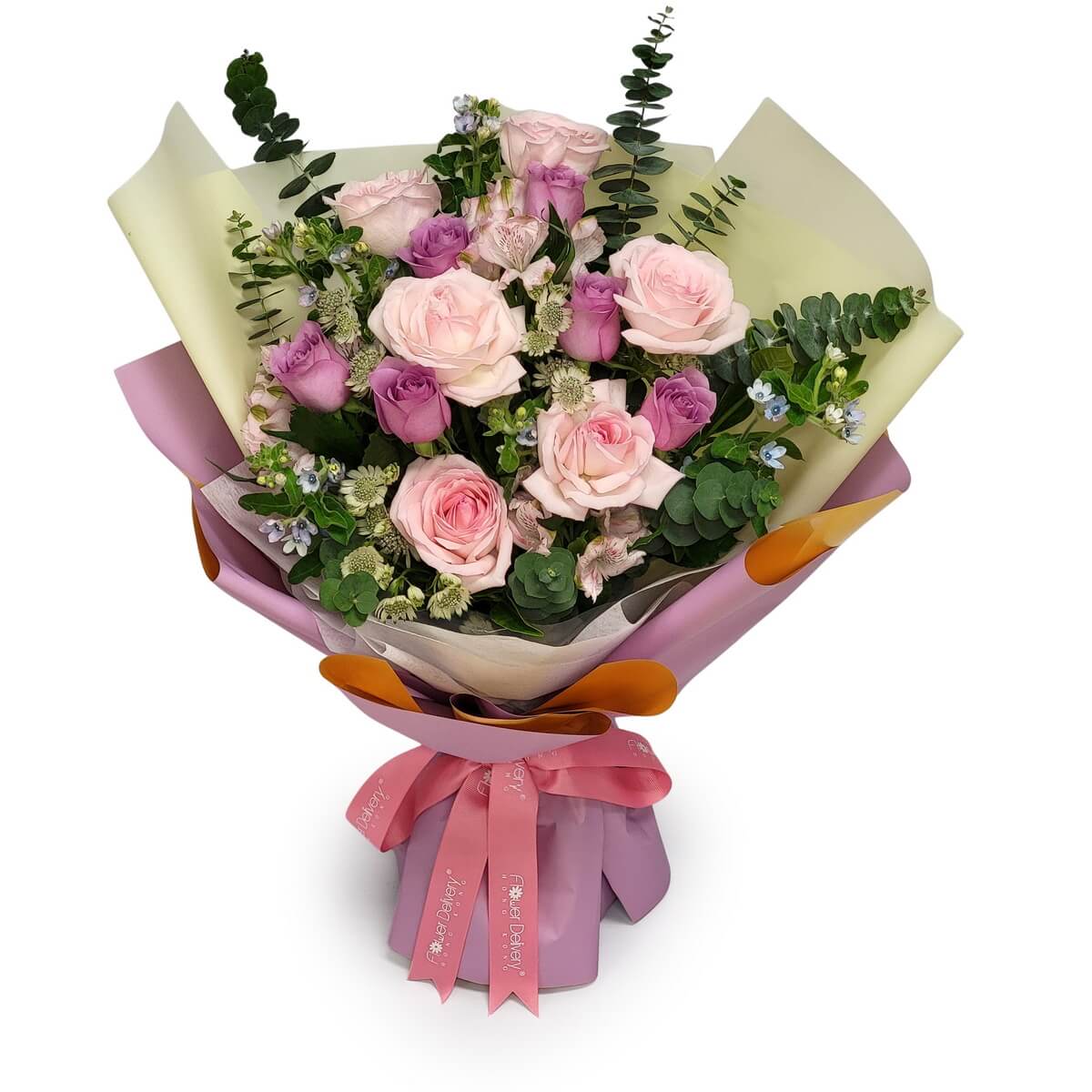 💐 Soft blush and lilac roses with gentle greenery, wrapped in pastel tones for an elegant, romantic touch.
💐 淡粉與淡紫玫瑰搭配柔和綠葉,粉彩包裝營造優雅浪漫氛圍。