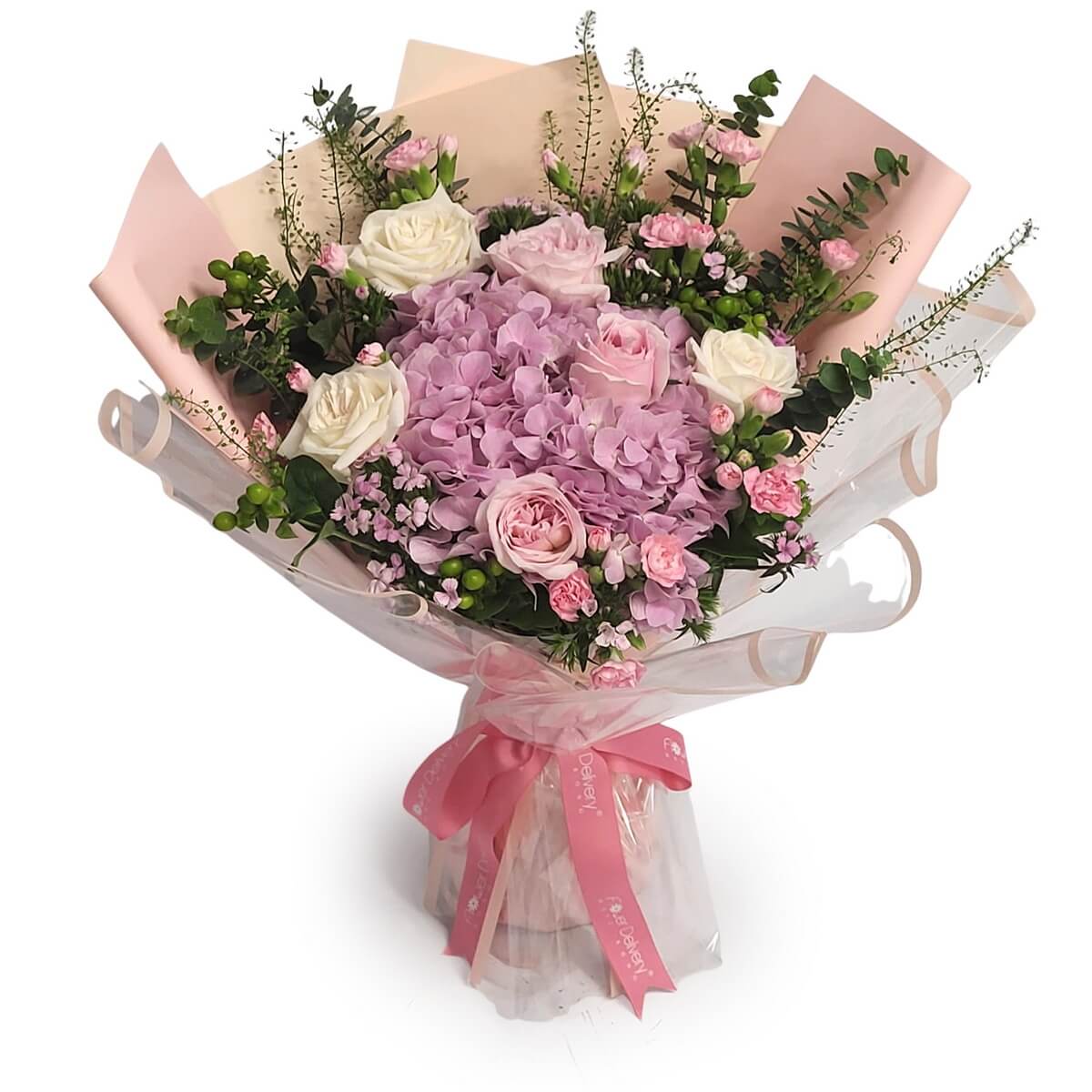 💐 Soft lilac hydrangeas with blush and white roses, wrapped in pastel pink for a sweet romantic charm.
💐 淡紫繡球花搭配粉紅與白玫瑰,粉彩粉紅包裝展現甜美浪漫氣息。