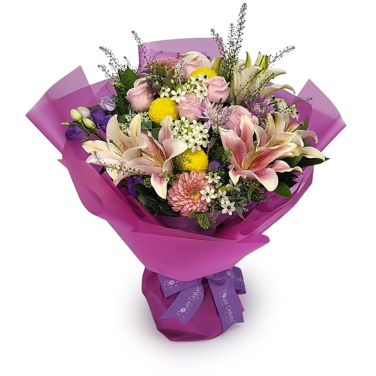 💐 Pink lilies, roses, and bright yellow blooms with soft fillers, wrapped in vibrant purple for a lively, elegant look.
💐 粉紅百合、玫瑰與亮黃色花卉搭配細緻襯花,配鮮豔紫色包裝,展現活力與優雅。