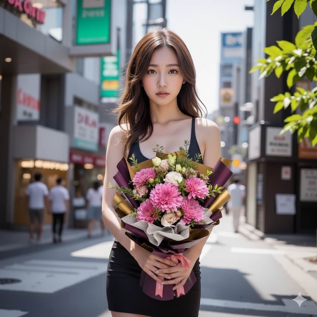 Pink dahlia and eustoma bouquet with greenery in burgundy-gold wrapping, hand-tied design 粉紅大麗花 洋桔梗 綠葉 深酒紅金色手綁花束.