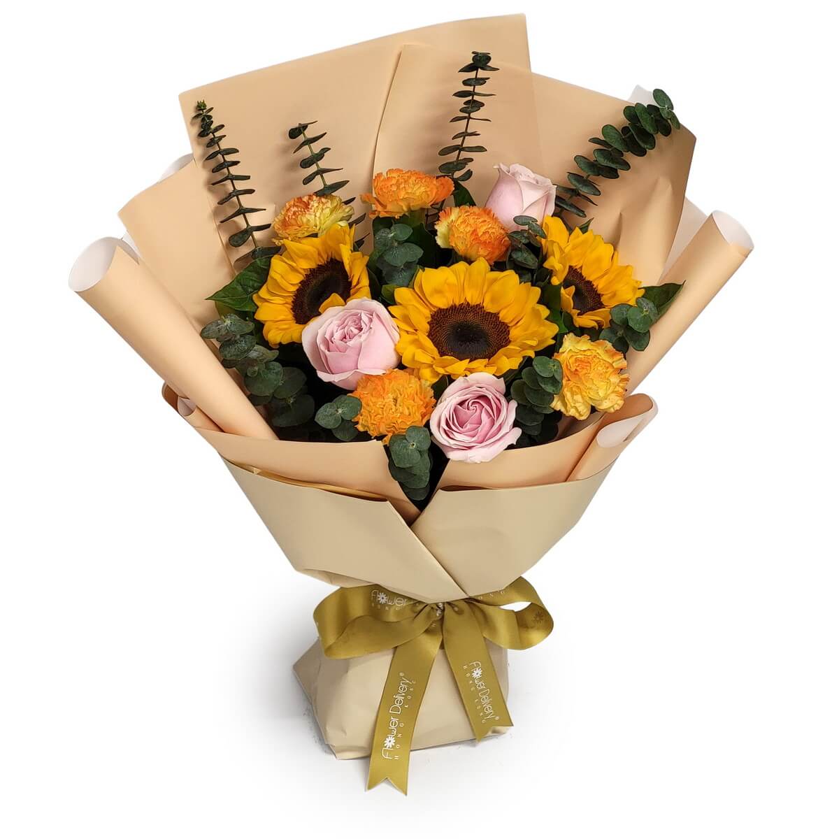 Full bouquet of sunflowers, pink roses, orange carnations, and eucalyptus wrapped in beige paper with golden ribbon 向日葵、粉紅玫瑰、橙康乃馨與尤加利葉米色包裝配金色絲帶原圖花束