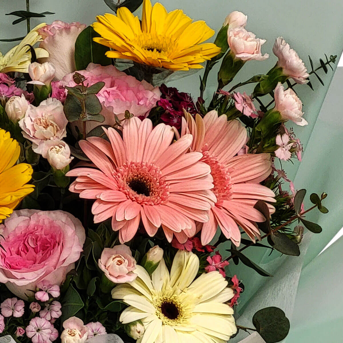 Mixed bouquet with pastel gerberas, roses, lisianthus, and carnations 粉紅與奶黃色非洲菊搭配玫瑰、淡粉洋桔梗及迷你康乃馨,輔以尤加利葉,營造柔和甜美的層次感。