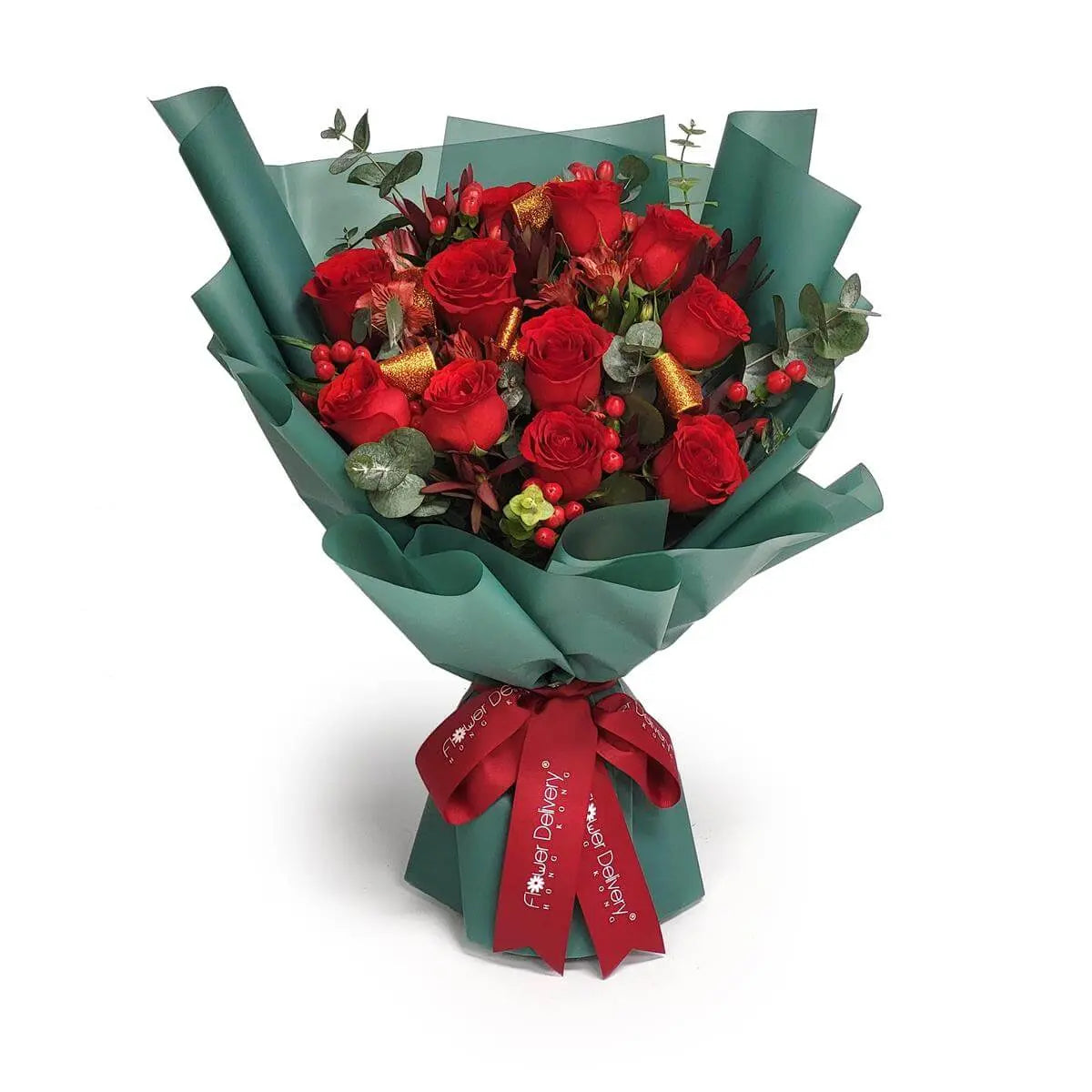Luxurious red rose bouquet with berries, eucalyptus, and gold accents in deep green wrap | 紅玫瑰花束點綴金色飾品與漿果,搭配深綠包裝與紅絲帶,營造浪漫高貴氛圍。