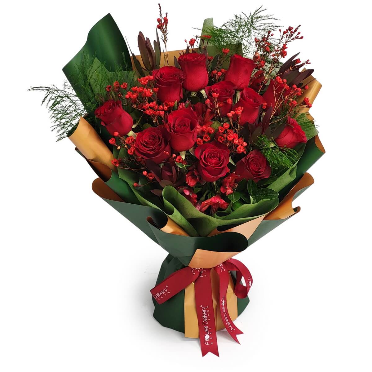 Hand-tied bouquet featuring multiple red roses, red berry accents and layered green foliage, wrapped in green and kraft paper - 紅玫瑰、紅色漿果及層次感綠葉手綁花束,綠色牛皮紙包裝