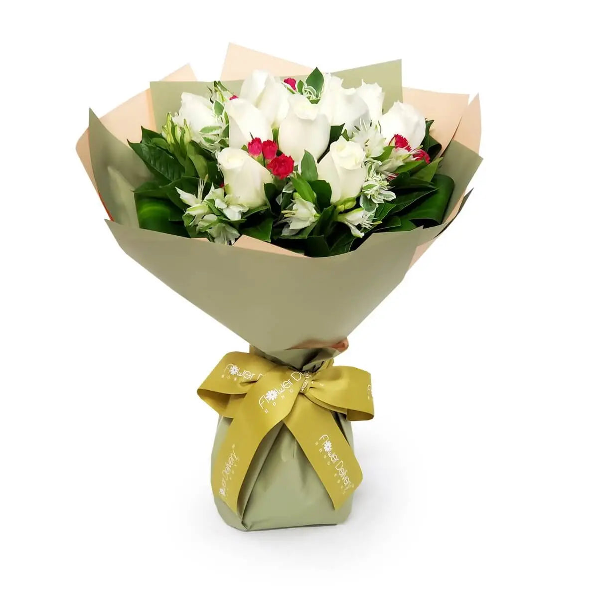 Elegant bouquet of white roses with red floral accents, beige wrapping, and golden ribbon | 白玫瑰與紅色小花點綴的花束,米色包裝與金色緞帶,送禮體面高雅。