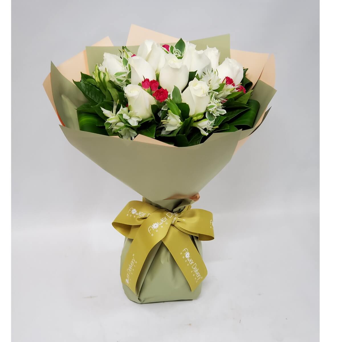 Elegant bouquet of white roses, red mini carnations, and white-striped alstroemeria, in soft olive and peach wrapping with a gold ribbon – 白玫瑰、紅迷你康乃馨與條紋百合,橄欖綠與蜜桃色包裝,綁以金緞帶