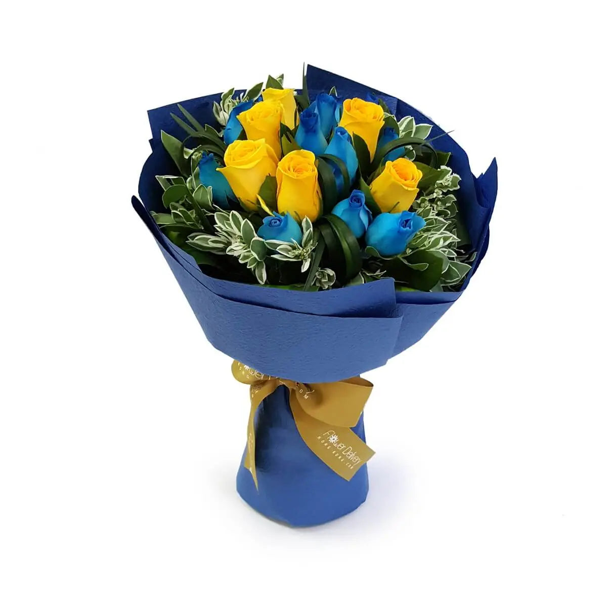 Arrangement of yellow and blue roses with mixed green foliage, wrapped in vibrant royal blue paper and gold ribbon | 黃玫瑰與藍玫瑰配綠葉混搭,採用寶藍色包裝紙與金色絲帶裝飾