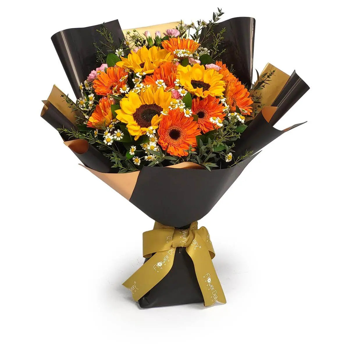 Vibrant sunflowers and orange gerberas in elegant black-gold wrap | 鮮豔向日葵與橘色太陽花,點綴洋甘菊小花,黑金色包裝展現高貴氣質,為生日祝賀與開業賀禮的最佳選擇。
