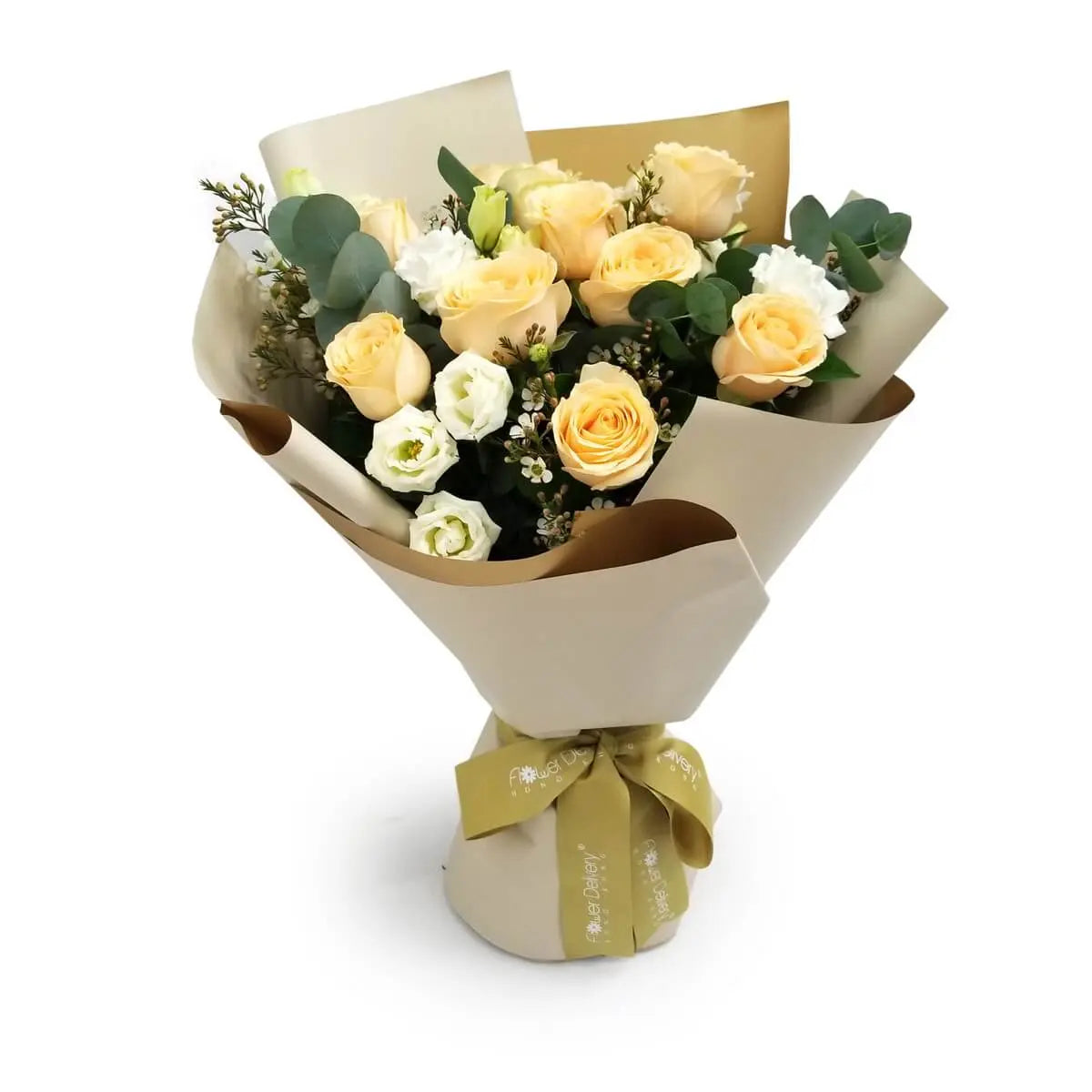 Arrangement of champagne roses, white lisianthus, pink waxflowers, and eucalyptus foliage, wrapped in matte beige paper | 香檳玫瑰、白桔梗、粉蠟花及尤加利葉組合,包以啞光米杏色包裝紙
