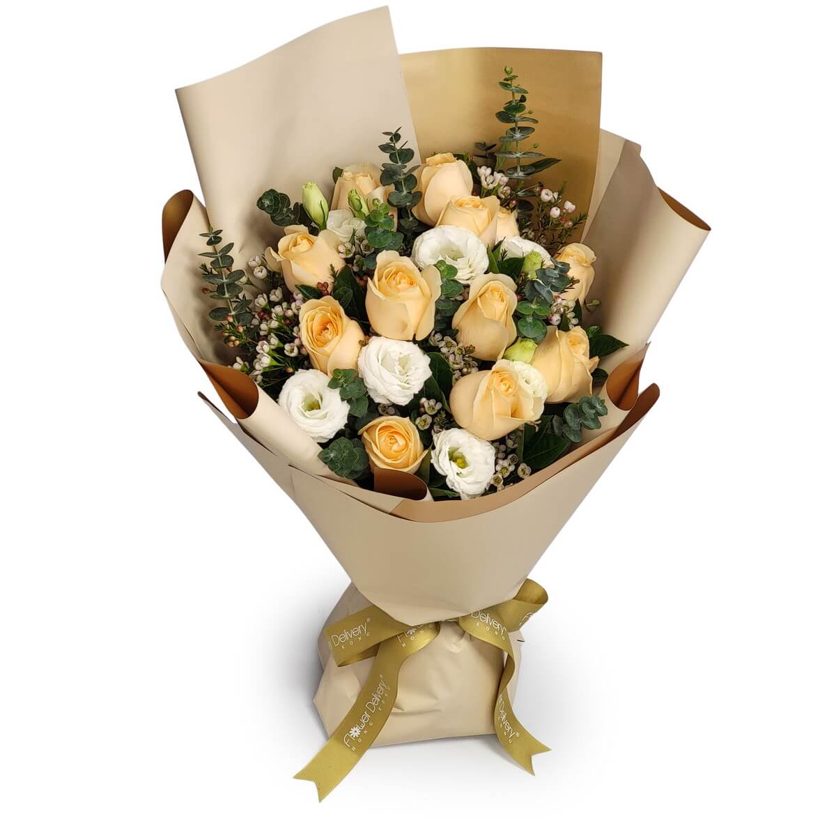 Hand-tied bouquet featuring champagne roses, white eustoma, eucalyptus leaves and fine berry fillers, wrapped in beige layered paper - 香檳玫瑰、白色洋桔梗、尤加利葉及漿果花束,米色包裝