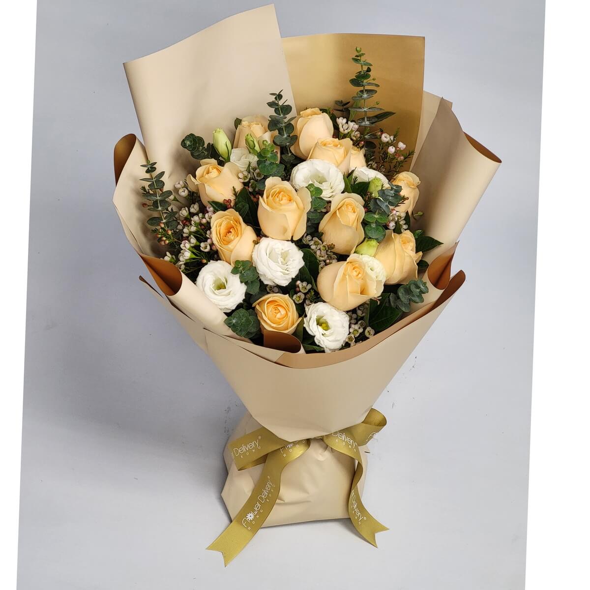 Elegant bouquet of champagne roses and white lisianthus, accented with pink wax flowers and eucalyptus foliage, wrapped in layered beige and gold paper with ribbon - 香檳玫瑰及白洋桔梗花束,配粉蠟花及尤加利葉,米金雙層包裝配絲帶