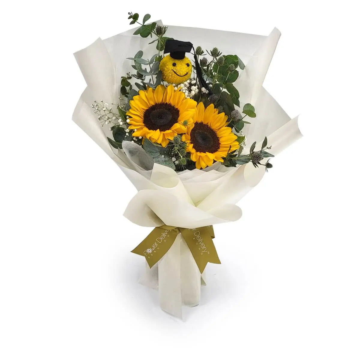 Bouquet featuring two sunflowers, eucalyptus, gypsophila, and a yellow smiley bloom wearing a mortarboard, wrapped in ivory paper | 向日葵、尤加利葉、滿天星與笑臉花束,白色包裝紙束扎