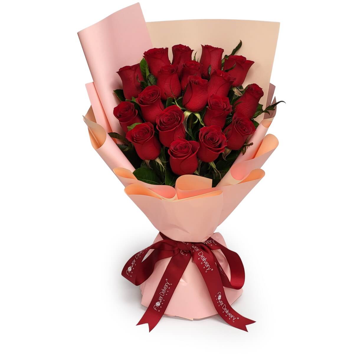 Hand-tied bouquet featuring multiple red roses arranged in a dense, rounded shape, wrapped in blush pink paper, original photo - 紅玫瑰手綁花束,圓潤造型,粉色包裝,原圖照片