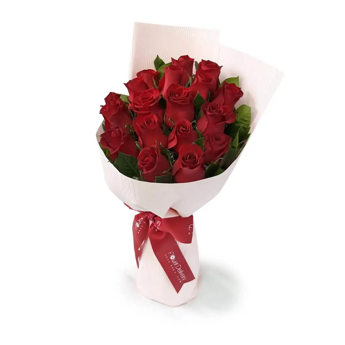 Elegant bouquet of red roses and foliage, arranged in ribbed white wrapping and finished with a red ribbon | 經典紅玫瑰與綠葉設計,包裹於白色壓紋紙中,以紅色絲帶綁束。