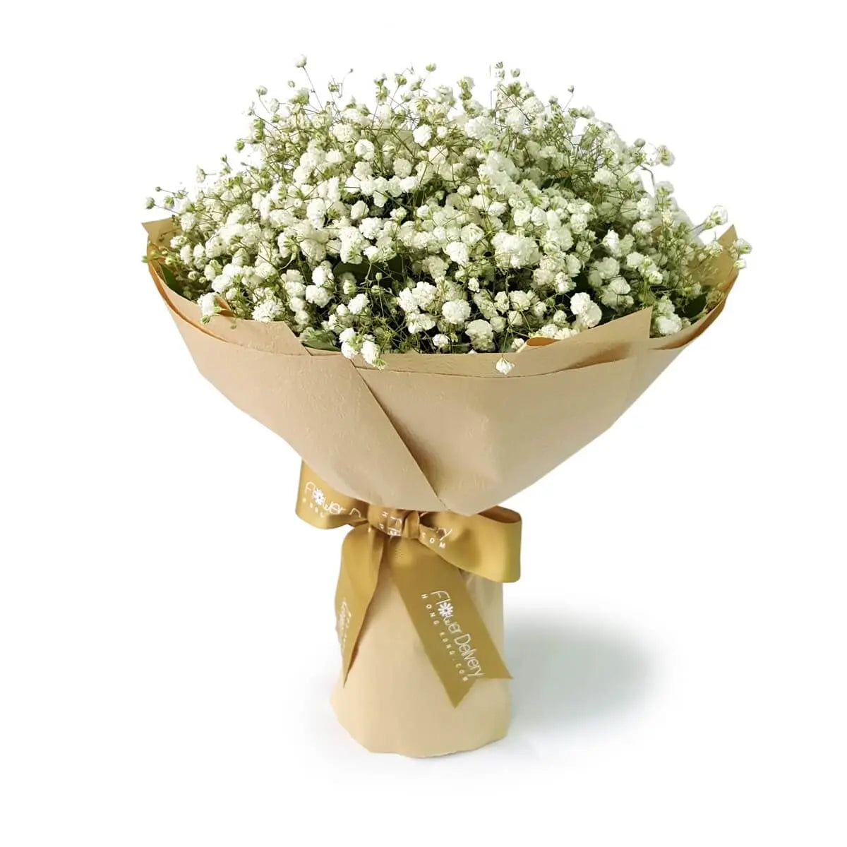 Full bouquet of delicate white baby’s breath flowers, wrapped in layered beige paper and finished with a gold ribbon | 滿天星白花束,層層米色包裝紙包裹,綁上金絲帶。