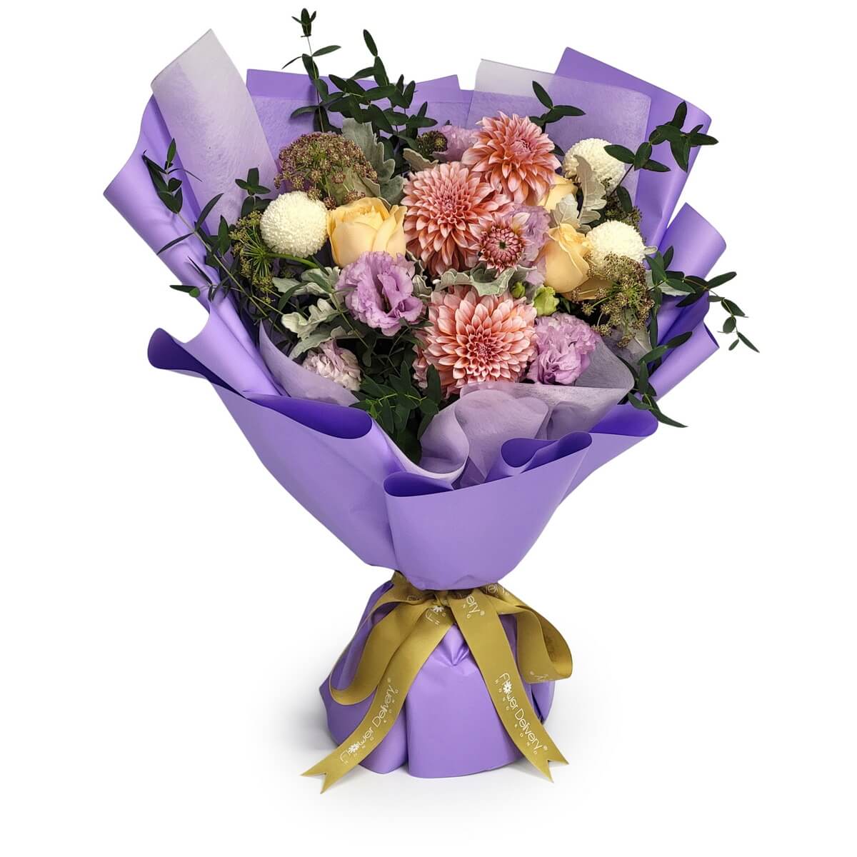 Bouquet with dahlias, roses, lisianthus, chrysanthemums, and greenery in purple wrap | 紫包裝花束配以大理花、玫瑰、桔梗、小菊及綠葉。