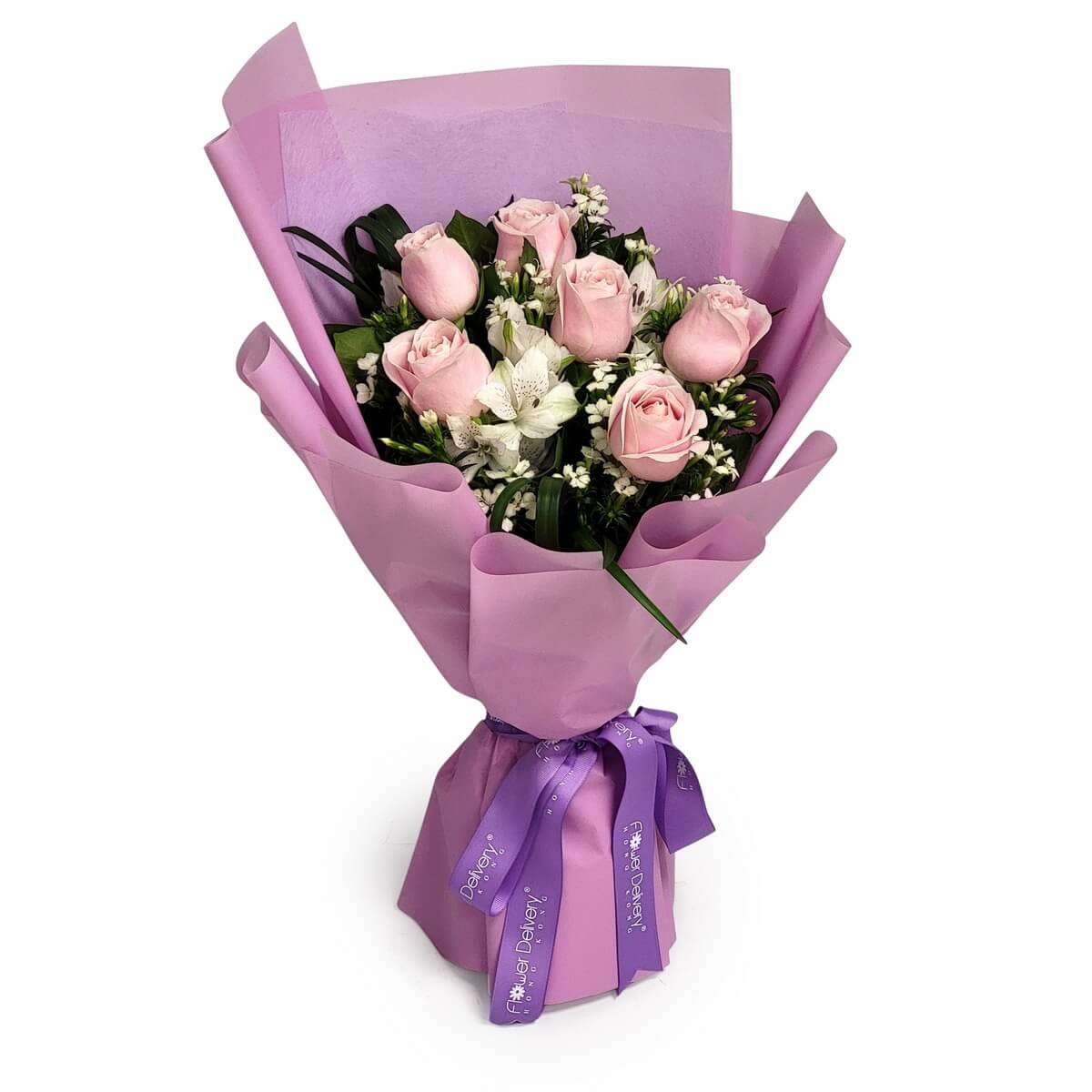 Full bouquet of pink roses, white alstroemeria, white filler flowers and lilac wrapping with ribbon in original photo 粉玫瑰、小百合、白色小花及紫色絲帶包裝的完整花束