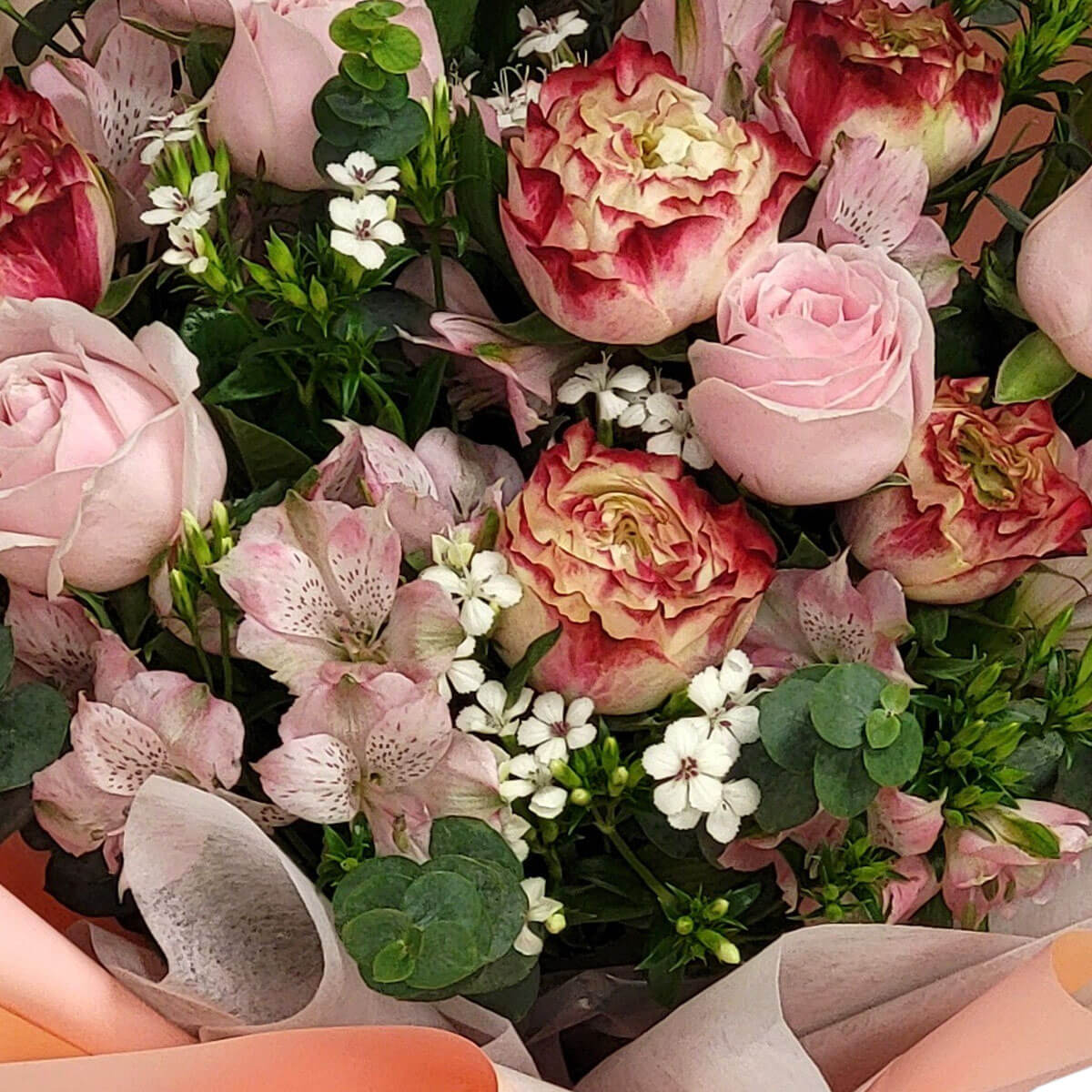 Blush roses and red-edged garden blooms with alstroemeria and white filler flowers 淡粉與紅邊玫瑰交織,百合與白花點綴其中,營造出細膩優雅的花藝美感。