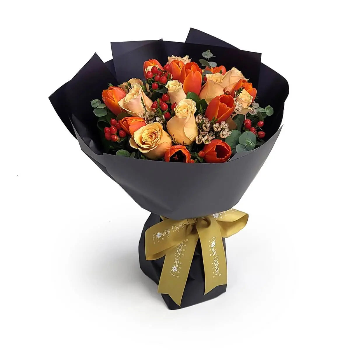 Arrangement of orange tulips, champagne roses, red hypericum berries, waxflowers, and eucalyptus in black wrapper | 橙鬱金香、香檳玫瑰、紅色莓果、小蠟花及銀葉尤加利搭配黑色包裝紙