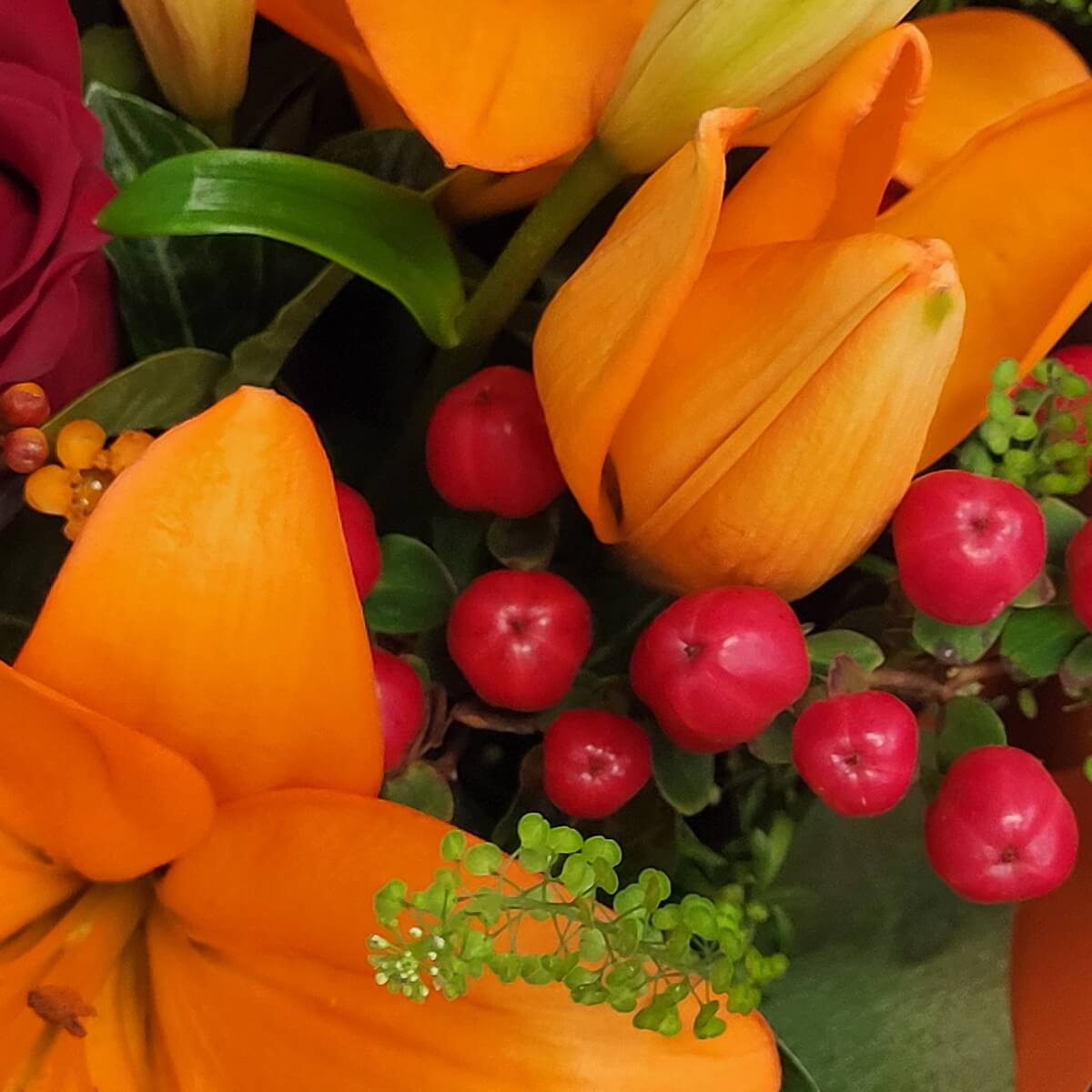 Macro view of vivid orange lilies paired with clusters of red hypericum berries and textured green leaves - 鮮橙百合配紅色朱頂果及層次綠葉材特寫