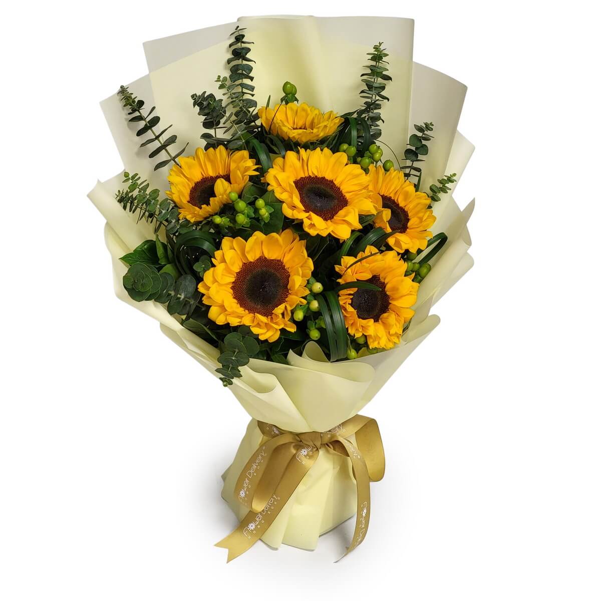 Hand-tied bouquet featuring multiple sunflowers, green berries and eucalyptus foliage, wrapped in soft cream paper - 向日葵、綠色漿果及尤加利葉手綁花束,米色包裝