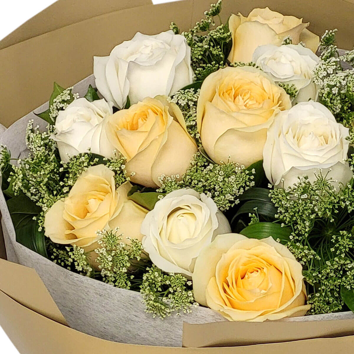 Cream and white roses exude timeless elegance 奶油與白玫瑰交織出經典高雅氛圍,綠葉襯托,柔和包裝展現純淨情感。