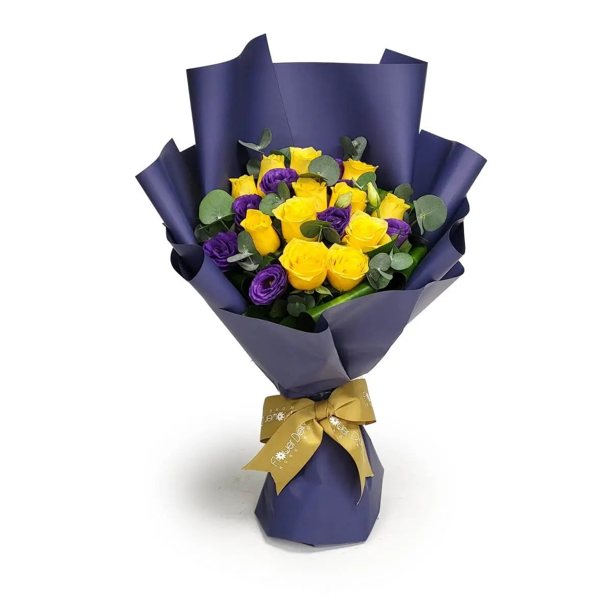Hand-tied bouquet of sunshine-yellow roses and vivid purple lisianthus with eucalyptus foliage, wrapped in matte blue paper | 手綁花束以亮黃玫瑰配搭濃紫桔梗,點綴銀葉尤加利葉,外層包上霧面藍色紙張,繫金緞帶,層次鮮明。