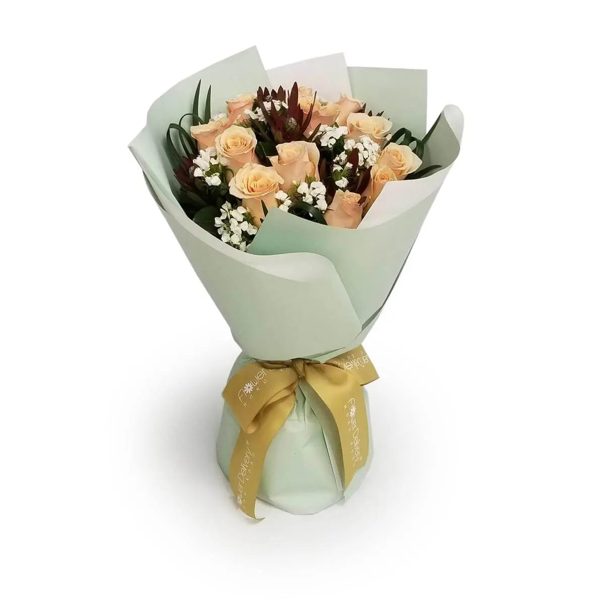 Champagne roses, white stock flowers, and red leucadendrons arranged in a hand-tied bouquet wrapped in mint green paper | 手紮花束以香檳玫瑰、白紫羅蘭及紅針葉花組成,配薄荷綠包裝紙與金色絲帶