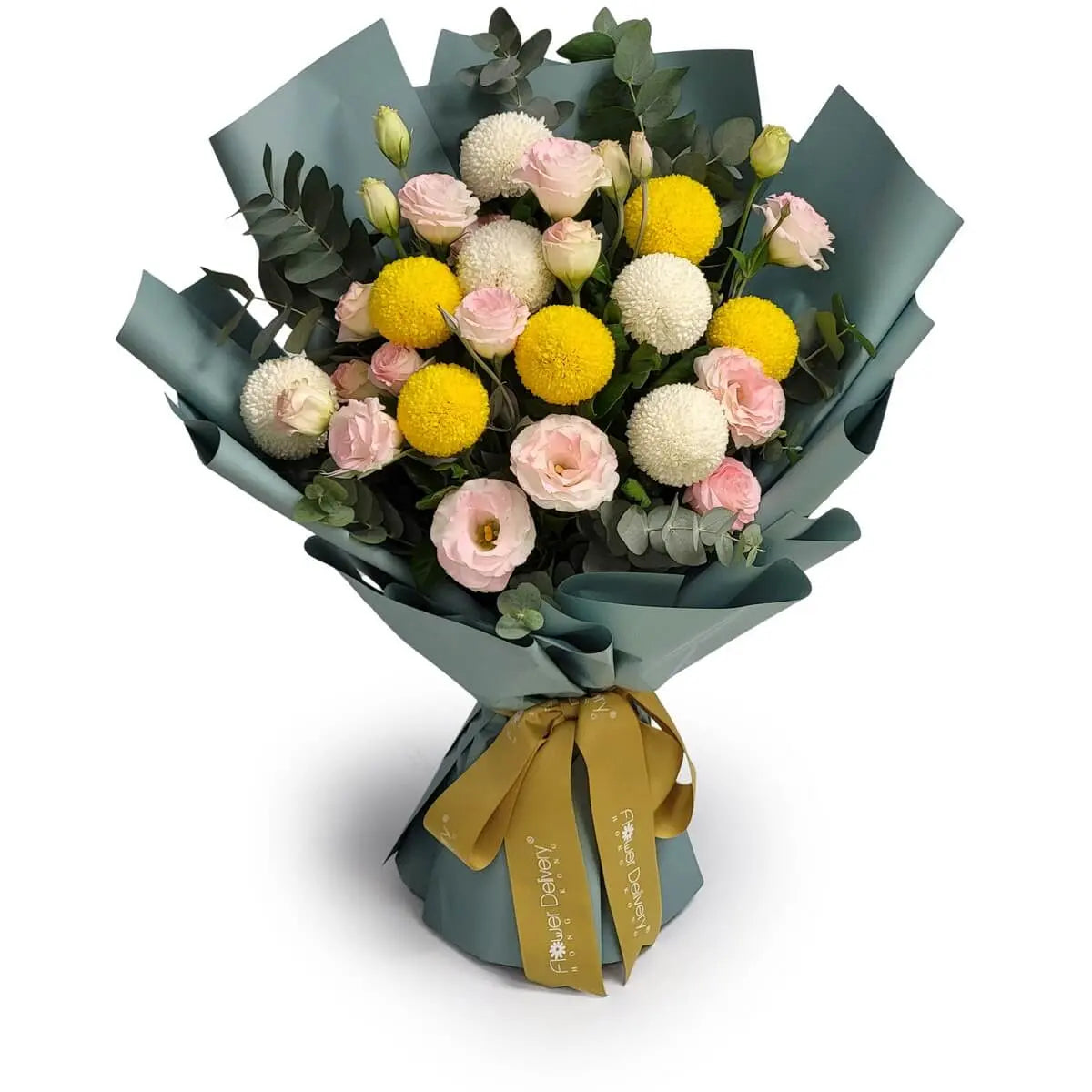 Mixed bouquet of yellow and white pompom chrysanthemums, pink lisianthus, and eucalyptus foliage, wrapped in matte teal paper | 黃白波波菊與粉色桔梗搭配尤加利葉,墨綠色包裝紙包裹,層次分明。