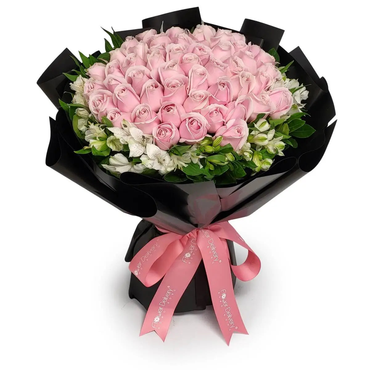 Large bouquet of pale pink roses surrounded by white alstroemeria and green foliage, wrapped in glossy black paper and tied with a pink ribbon | 淺粉玫瑰配白色六出花與綠葉,黑色包裝並綁粉紅絲帶。
