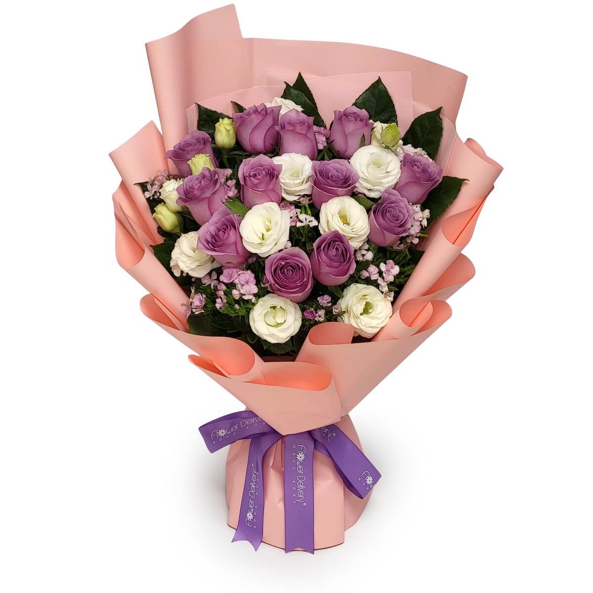 Hand-tied bouquet of purple roses, white lisianthus, pink waxflower and green foliage, wrapped in blush pink paper - 紫玫瑰、洋桔梗及粉色蠟梅花束