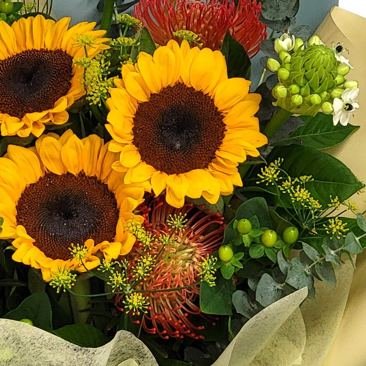 Sunflowers, red proteas, and green berries create a striking bouquet bursting with energy 鮮黃向日葵、紅色針墊花與綠果實交織,展現熱情奔放的自然風采。