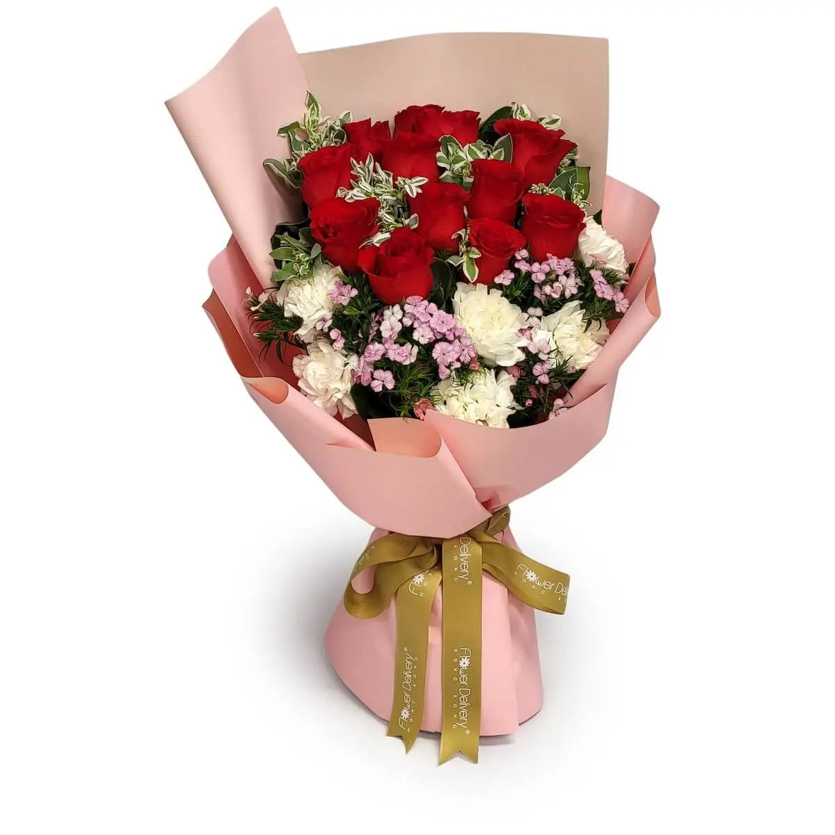 Elegant bouquet of red roses, creamy carnations, and soft pink statice with variegated leaves, wrapped in soft pink paper | 鮮紅玫瑰、奶白康乃馨及粉紫星辰花組合,搭配斑葉綠葉,粉紅包裝紙與金色絲帶提升整體層次。