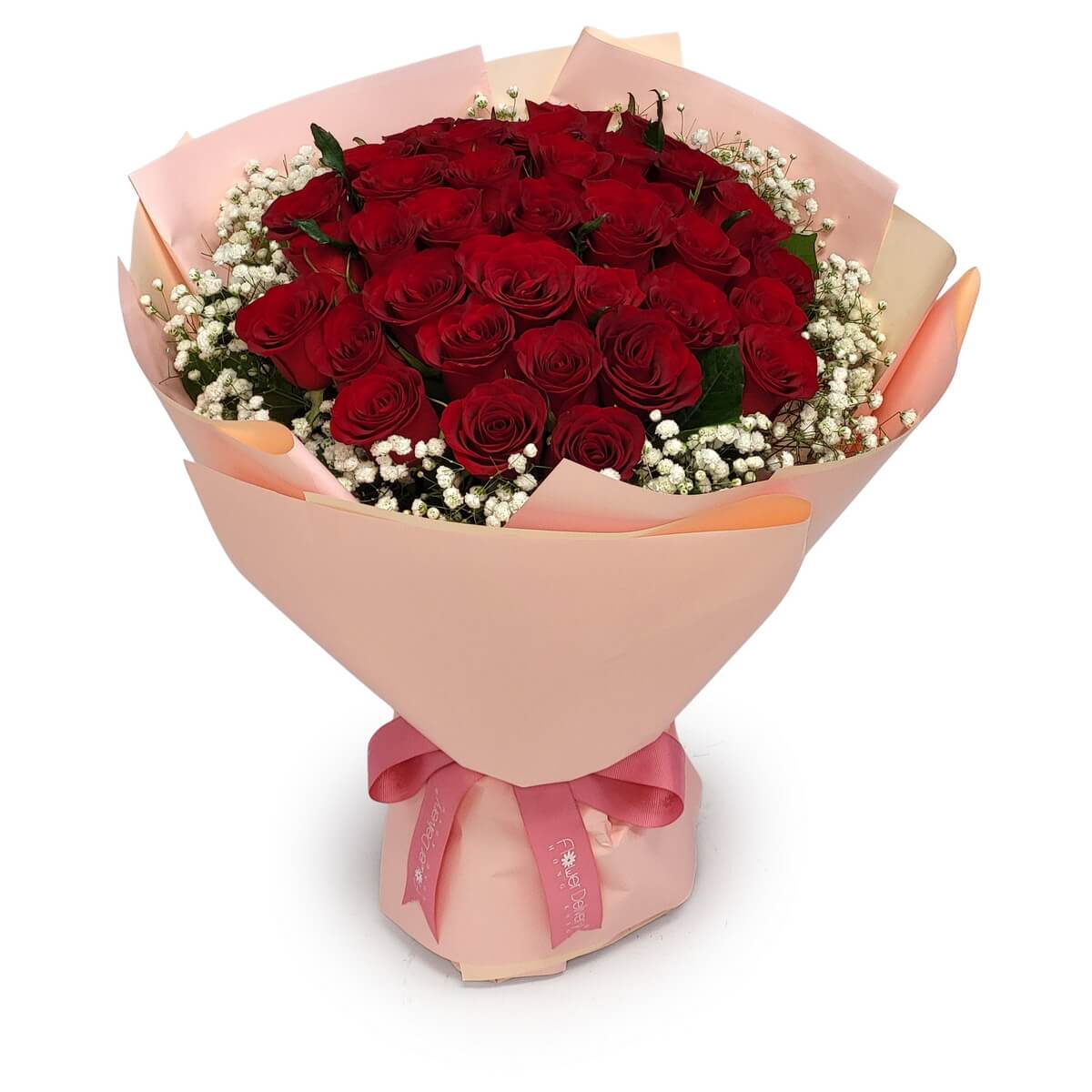 Large arrangement of red roses with baby’s breath, peach wrapping and ribbon in original photo 大束紅玫瑰配滿天星及桃色絲帶包裝