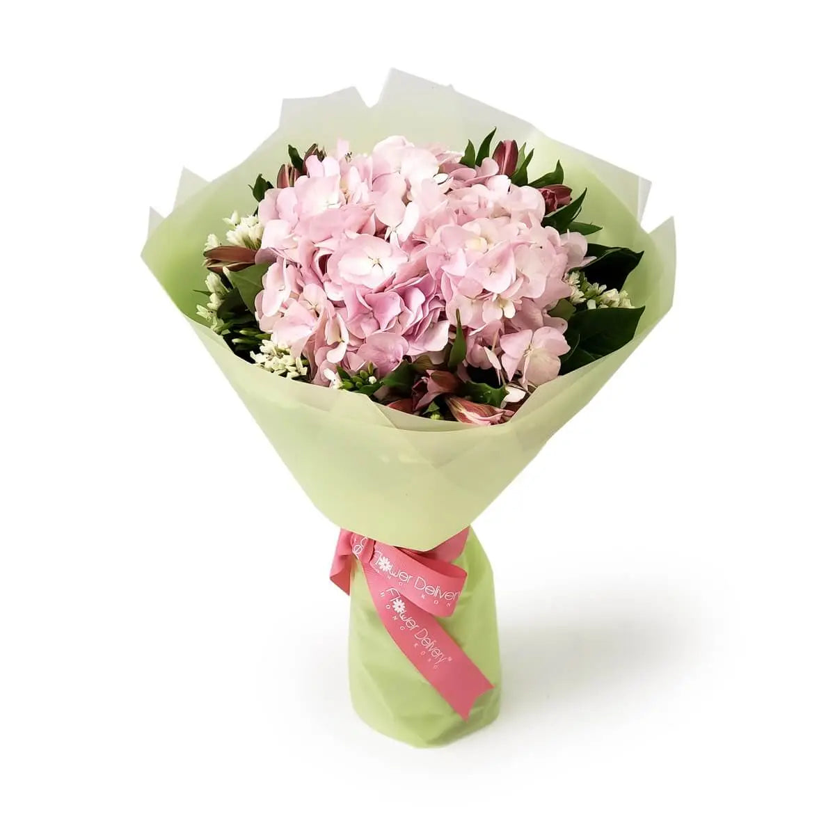Bouquet of pastel pink hydrangeas and greenery, arranged in pale green wrapping with a pink ribbon | 粉色繡球花與綠葉組合,使用淡綠色包裝紙及粉紅絲帶包裹,整體配色柔和清新。