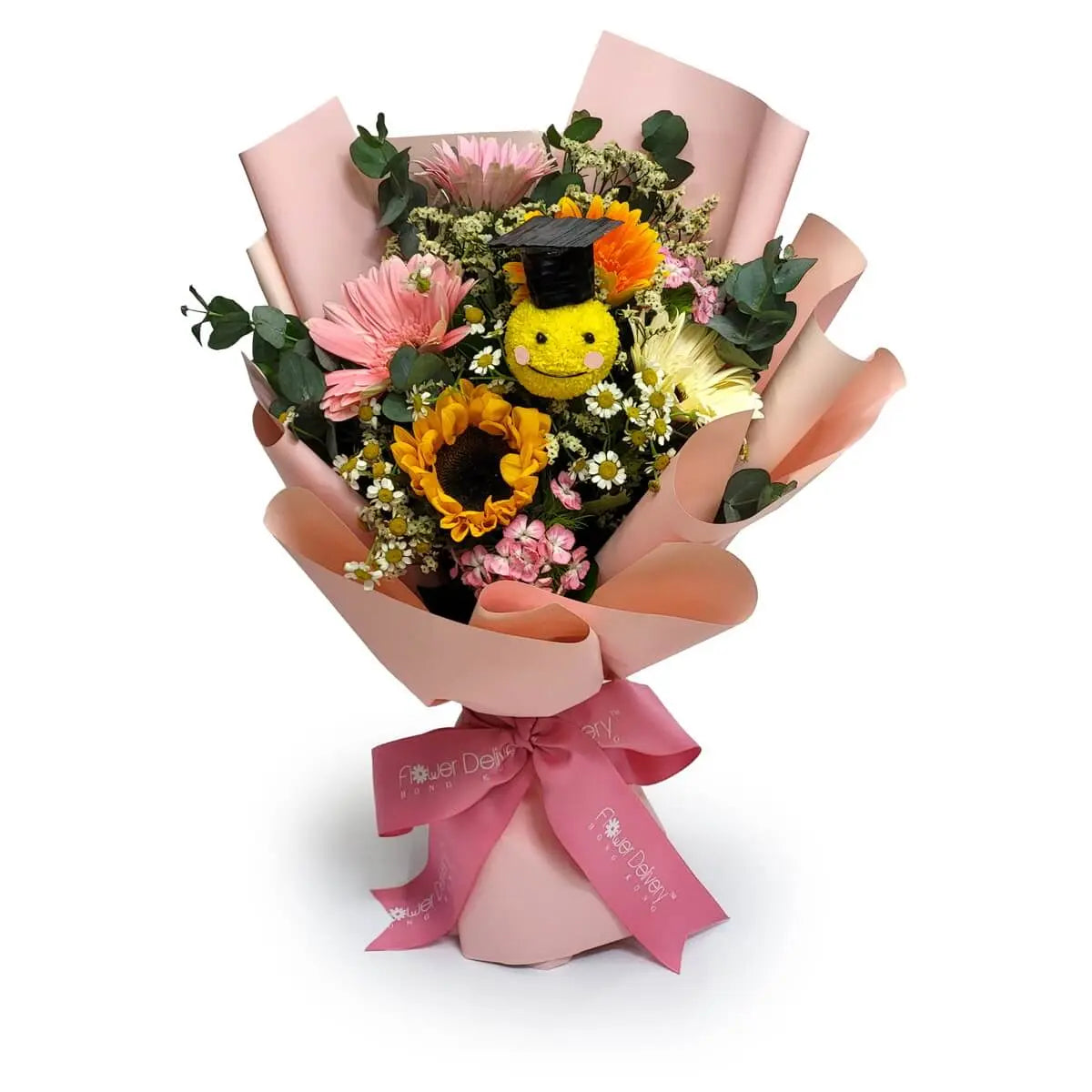 Playful bouquet of sunflower, pink gerberas, chamomile, and a smiley-face yellow pompom with black cap, in soft pink wrap | 向日葵、粉紅非洲菊、洋甘菊、笑臉黃花球戴黑帽,粉紅包裝。