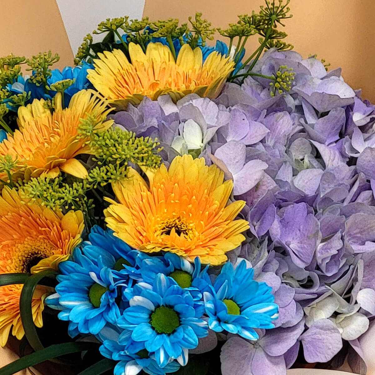 A radiant bouquet with yellow gerberas, blue daisies, and lavender hydrangeas 陽光金菊、活力藍雛菊與柔紫繡球交織,猶如夏日中的歡笑與祝福。