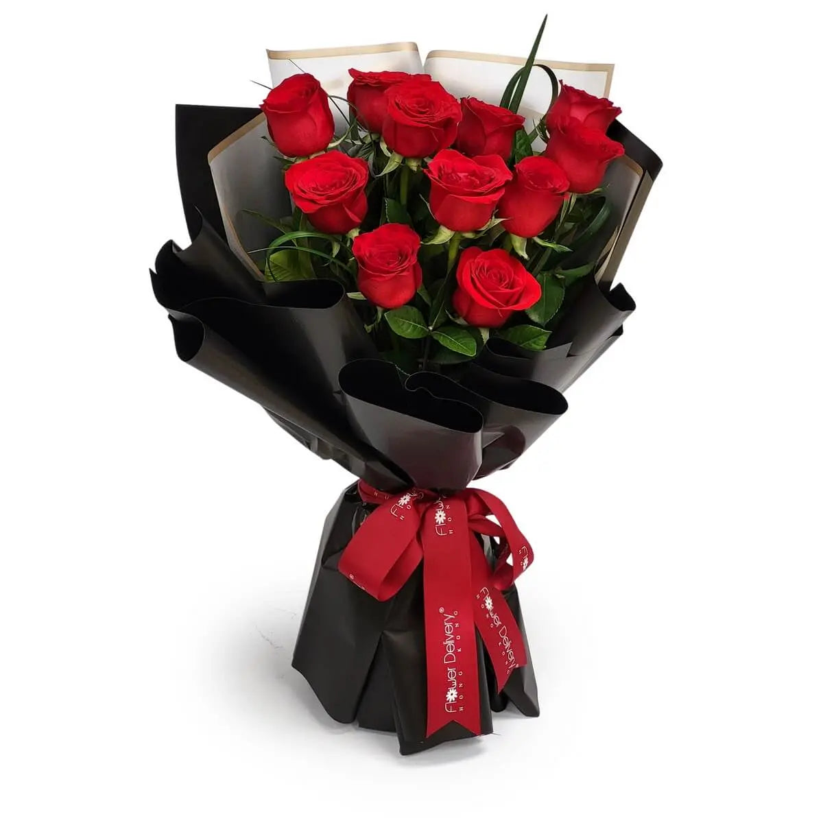 Twelve red roses with green leaves arranged in a bouquet, wrapped in black paper and finished with a red ribbon. | 12枝紅玫瑰與綠葉組成的花束,黑色包裝紙包裹並綁以紅絲帶。
