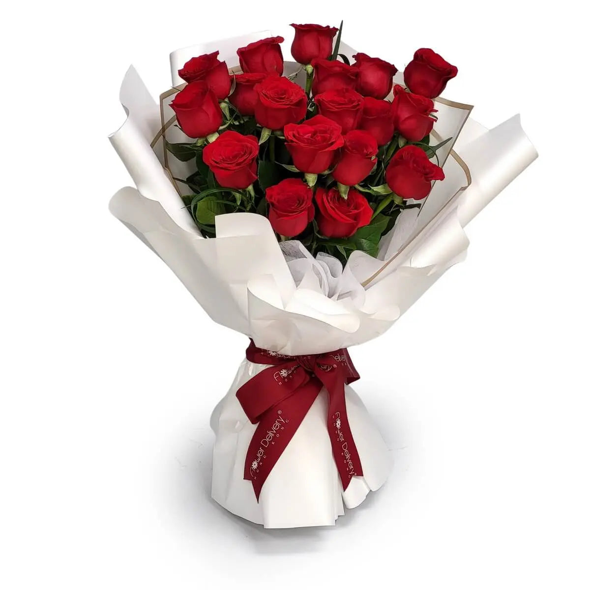 A classic bouquet of red roses with green foliage, elegantly wrapped in white paper and finished with a burgundy ribbon | 紅玫瑰與綠葉包裹於白色紙中,配酒紅絲帶。