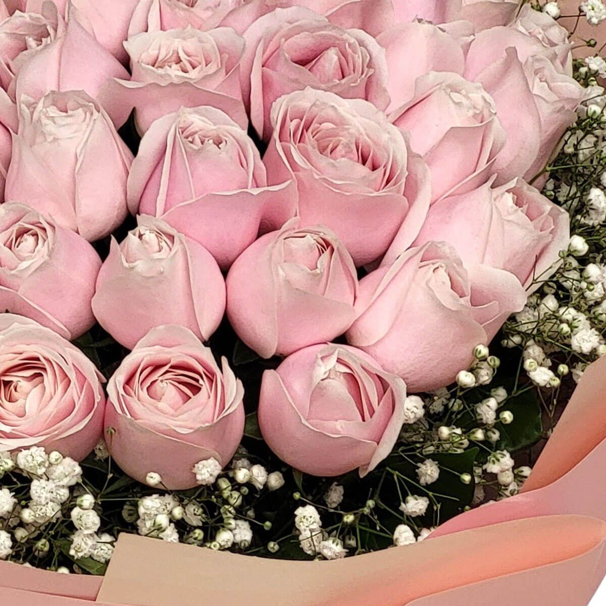 A tightly arranged bouquet of light pink roses and delicate baby's breath, wrapped in pastel pink 淡粉玫瑰搭配雪白滿天星,粉色包裝襯托出純真浪漫的氛圍。