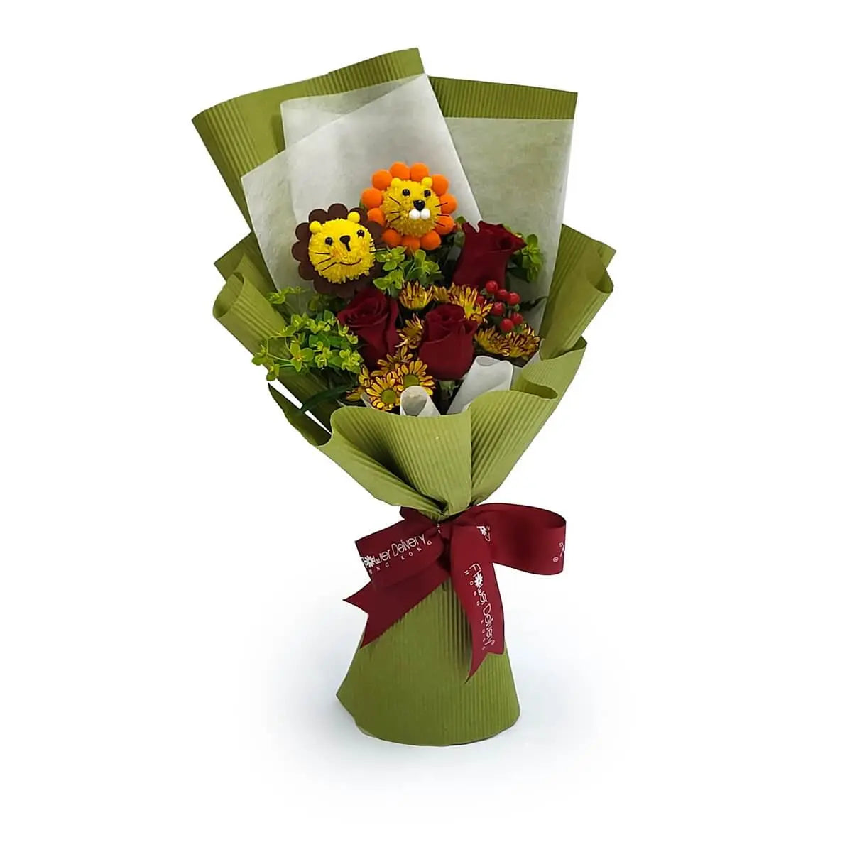 Red roses and yellow button chrysanthemums crafted into lion faces, mixed with golden mums and greenery in green wrap tied with a burgundy ribbon | 紅玫瑰配獅子造型黃波波菊、金菊與綠葉,綠包裝紙配酒紅絲帶。