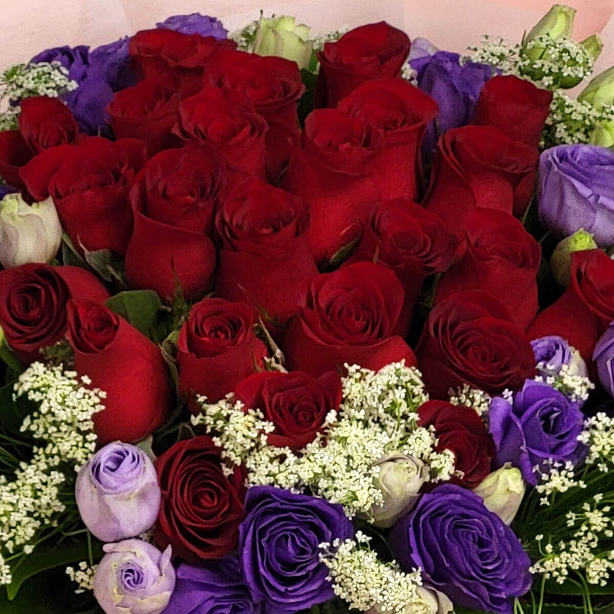 This lush bouquet features classic red roses paired with violet blooms and delicate white fillers 深紅玫瑰與紫色花朵相互輝映,搭配潔白襯花,展現濃烈情感與優雅氣質。