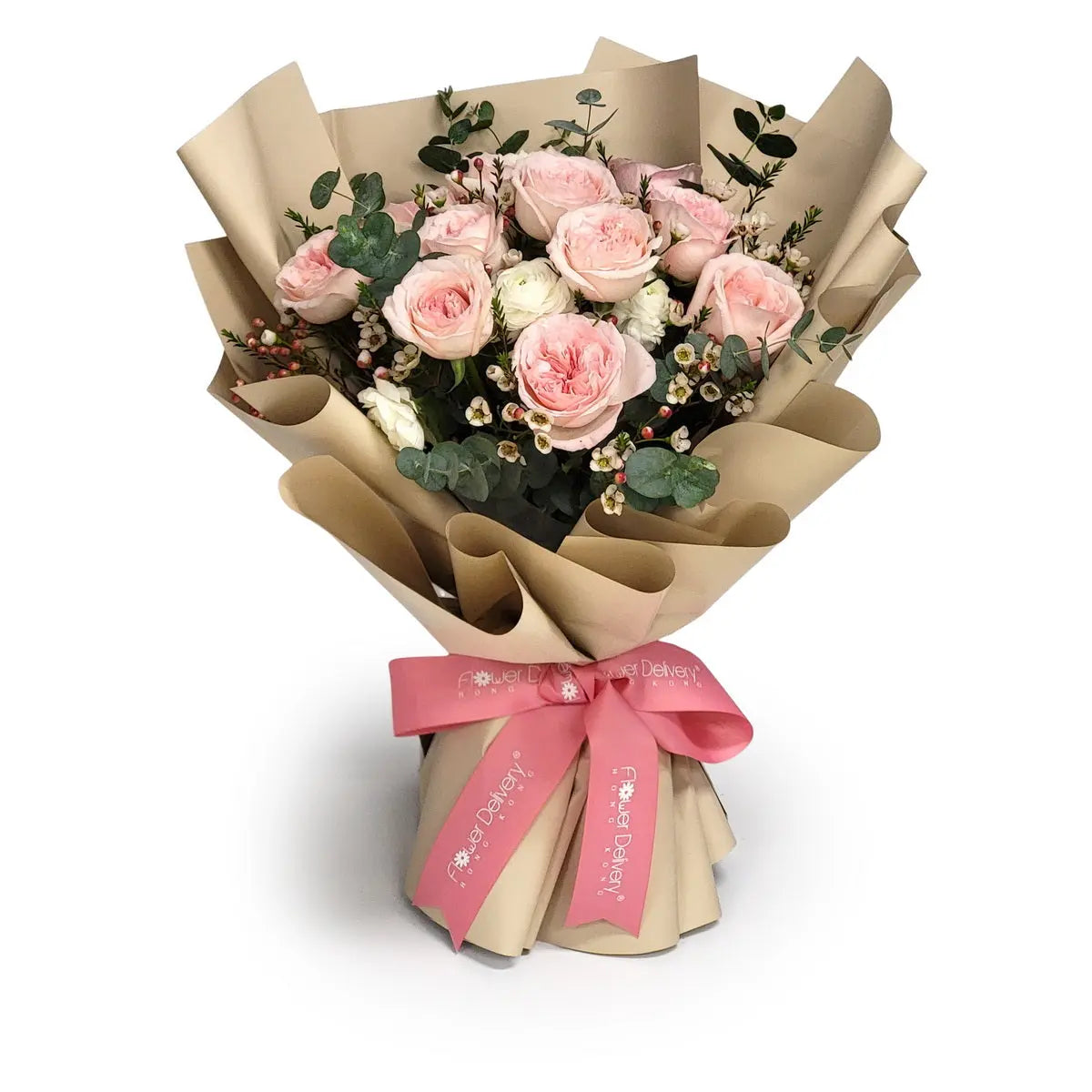 Arrangement of blush pink garden roses, white spray roses, wax flowers, and eucalyptus in beige wrap with pink ribbon | 花束以粉紅花園玫瑰、白玫瑰、小蠟花及尤加利葉組成,米色包裝配粉紅絲帶。