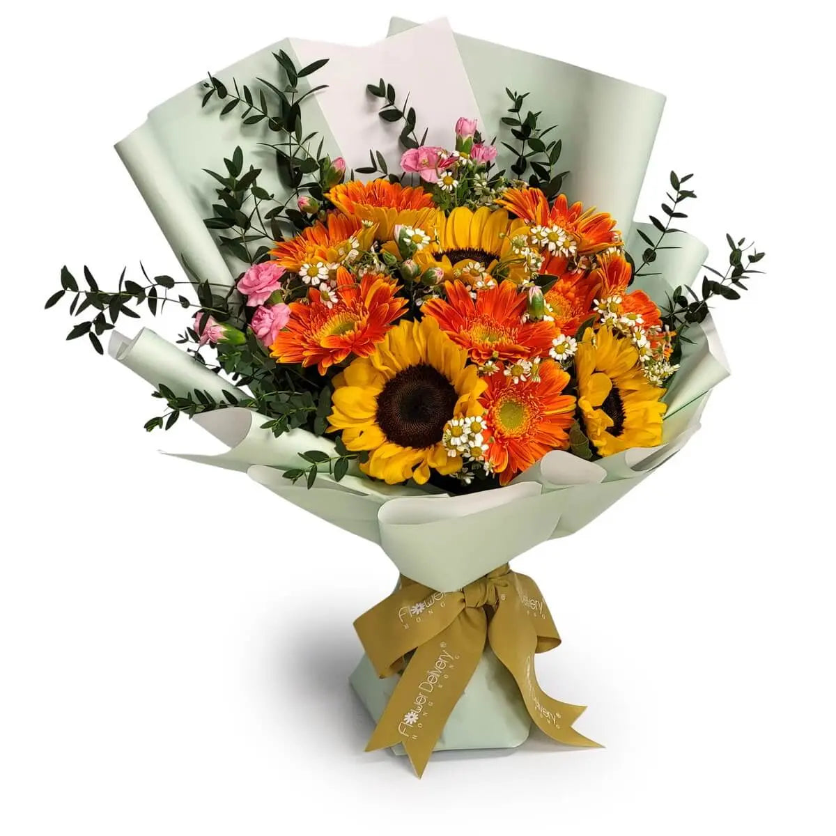 Bouquet of yellow sunflowers, orange gerberas, pink mini carnations, and baby's breath with greenery, wrapped in pale green paper and gold ribbon | 向日葵、橙菊、粉紅小康乃馨與滿天星花束,綠色包裝並綁金絲帶。