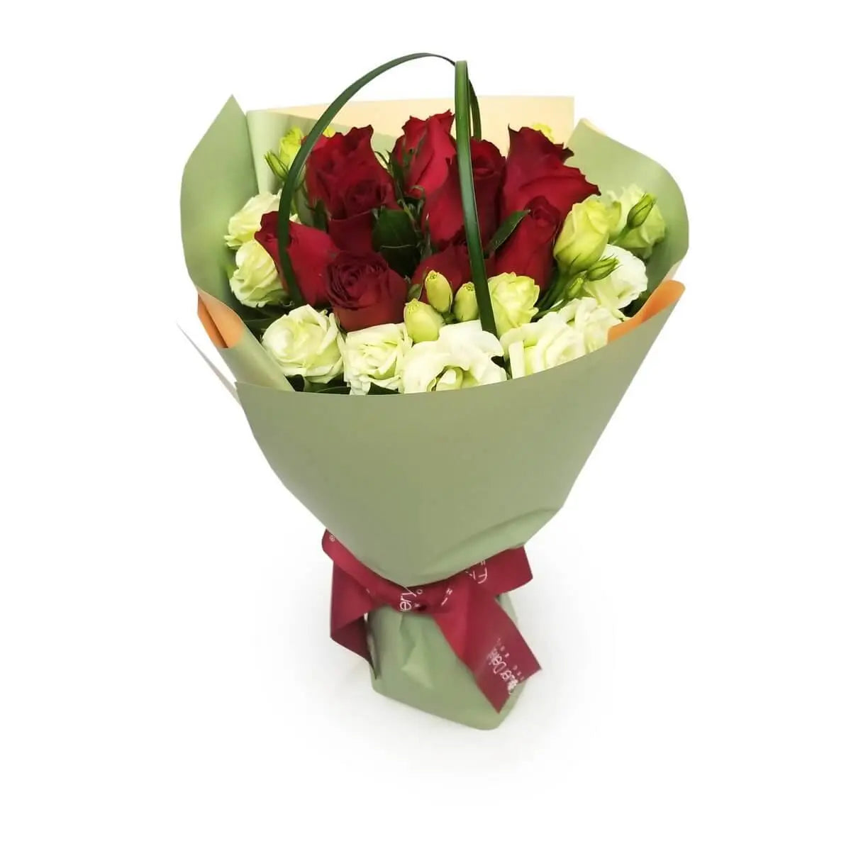 Hand-tied bouquet of red roses and light green lisianthus with foliage accents, wrapped in muted green and beige paper with a burgundy ribbon. 紅玫瑰與淺綠桔梗手綁花束,配綠葉,包以橄欖綠與米色紙,綁酒紅絲帶。