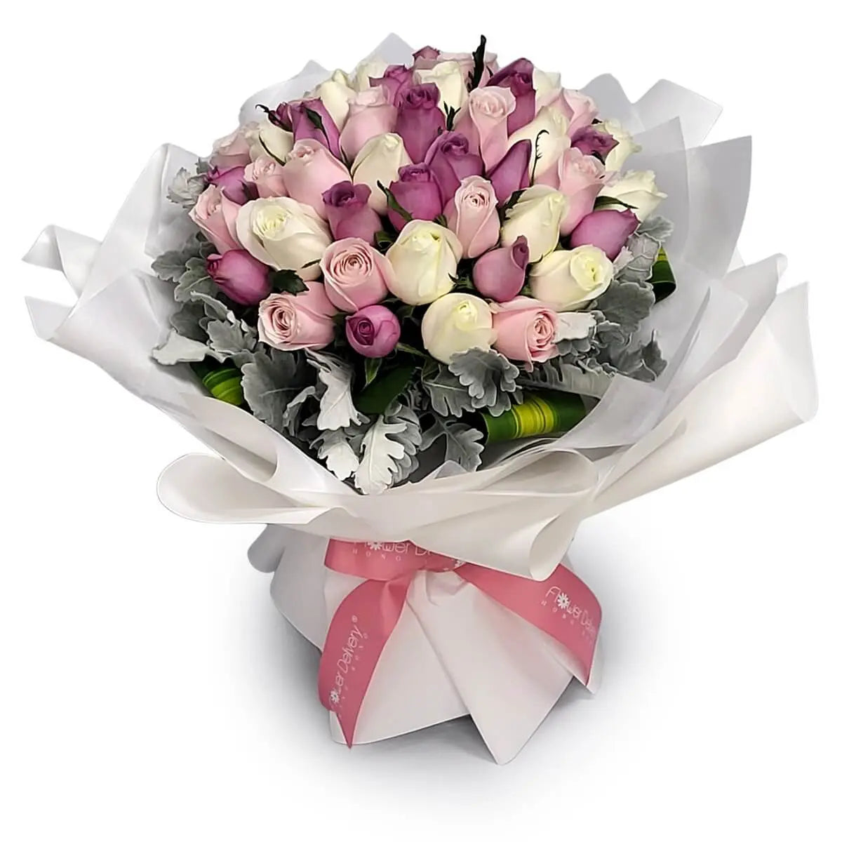 Bouquet of soft pink, white, and lavender roses arranged with dusty miller foliage, wrapped in white paper and tied with a pink ribbon | 粉紅、白與淡紫玫瑰花束配銀葉,白色包裝並綁粉紅絲帶。