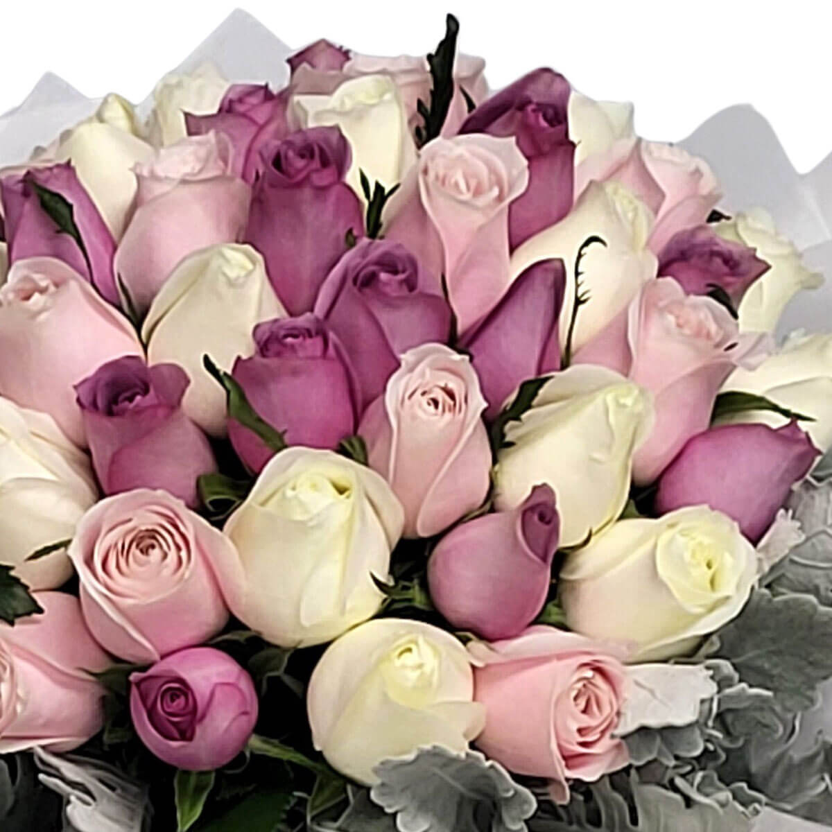 A graceful bouquet of pink, ivory, and lavender roses nestled in silver-toned foliage 柔美的粉、白與薰衣草紫玫瑰,搭配銀葉,展現優雅浪漫的花束設計。