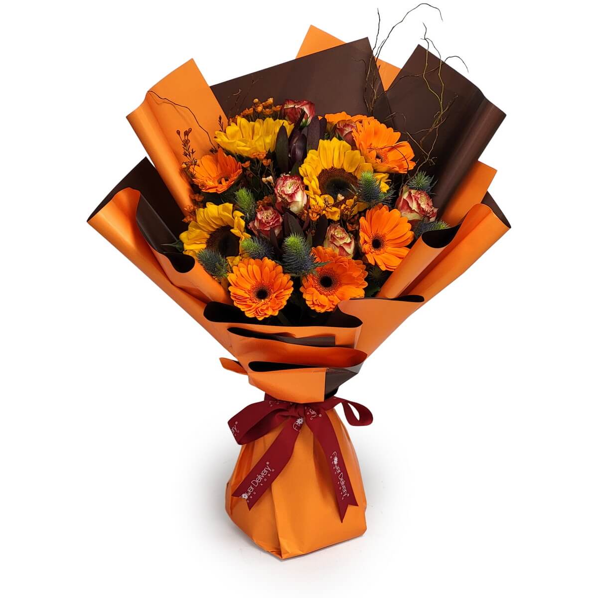 Full bouquet of orange gerberas, sunflowers, bicolour roses, blue thistles, and greenery wrapped in orange and brown paper with burgundy ribbon 橙太陽花、向日葵、雙色玫瑰、藍刺魟及綠葉橙啡包裝配酒紅絲帶原圖花束