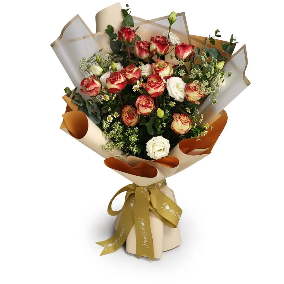 Hand-tied bouquet with cream roses edged in red, white lisianthus, chamomile blooms, and assorted foliage, wrapped in beige and brown paper. 奶油紅邊玫瑰手綁花束,配白桔梗、小洋甘菊與綠葉,米啡色包裝。